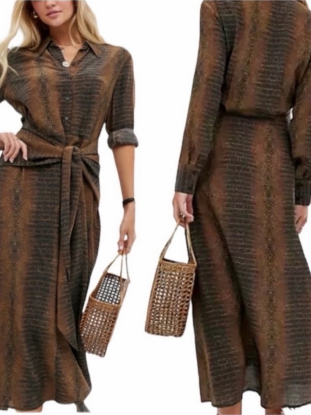 & Other Stories Striped Brown & Black Tie-Waist Shirt Dress size 4